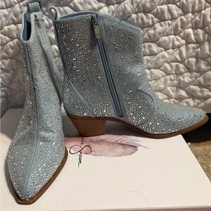 Jessica Simpson washed denim rhinestone cowboy boots